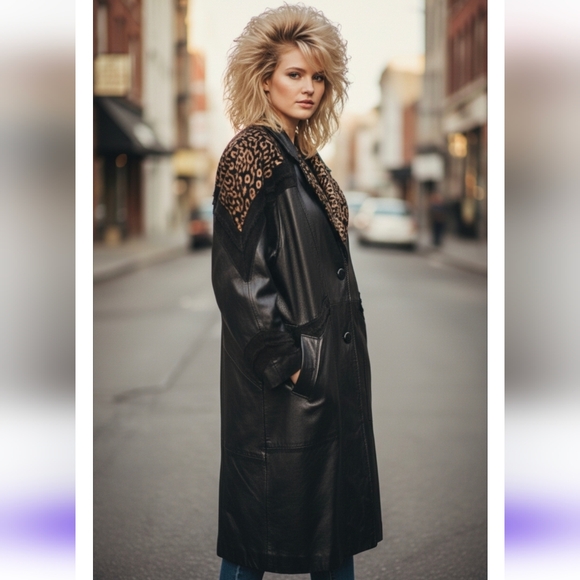 jf j.ferrar Jackets & Blazers - Vintage 80s JF J Ferrar Black Leopard Print Leather Suede Trench Coat Size Large